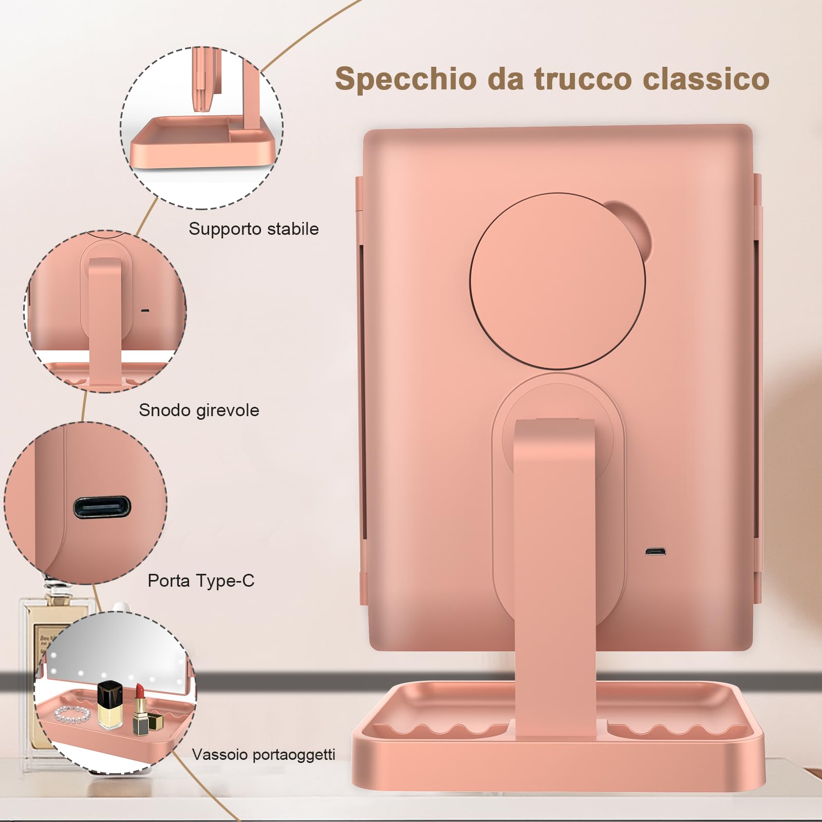 SURFOU Specchio da Tavolo Trucco Tri-Fold con 24 LED Touch, 1X/2X/3X/10X Ingrandimento Regolabile, Luce Regolabile 180°, Alimentazione USB/Batteria, Donne - Oro rosa