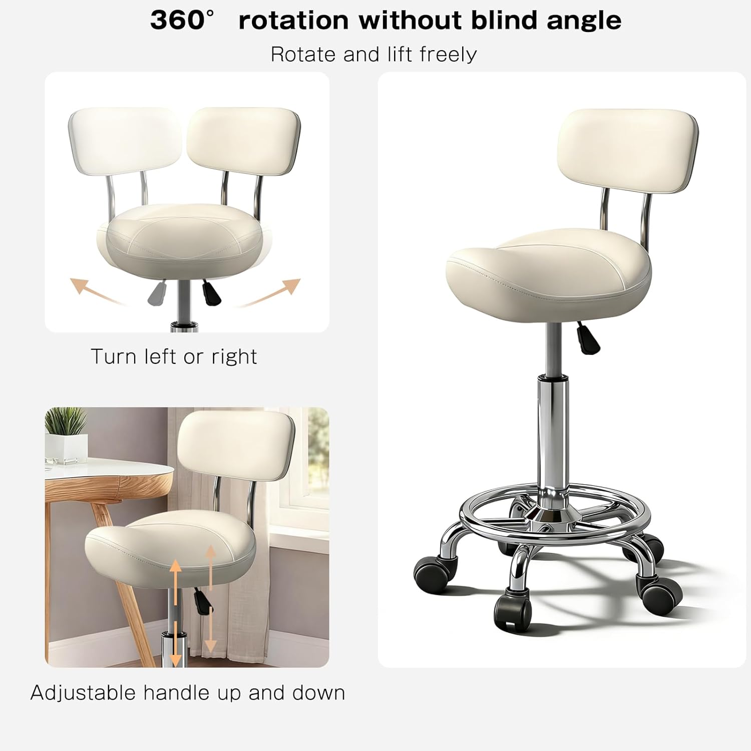 Saddle Stool with Ring Pedal and Back, Adjustable Hydraulic Rolling Chair with Wheels for Medical, Massage, Salon, Spa, Kitchen, and Drafting Use