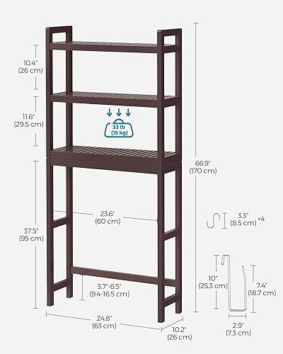 Vista 3 de SONGMICS Over The Toilet Storage, 3-Tier Over Toilet Bathroom Organizer with Adjustable Shelf, 10.2 x 24.8 x 66.9 Inches, Space-Saving, Brown Marrón