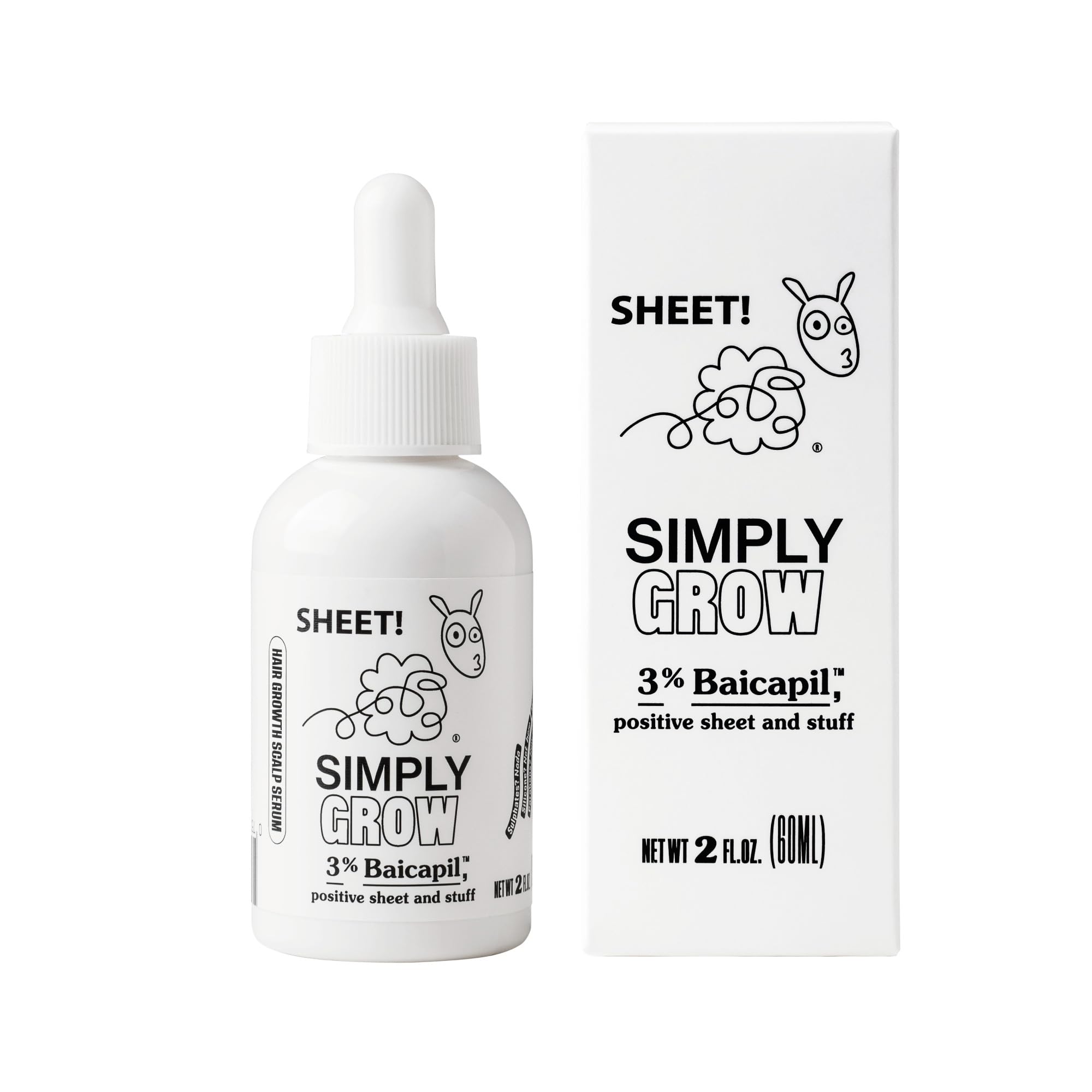 Sheet - Hair Growth Serum - 2 fl oz (60 ml) bottle with precision pipette applicator - lightweight water-based topical with 3% Baicapil for scalp nourishment - vegan silicone-free 2 Fl Oz (Pack of 1)