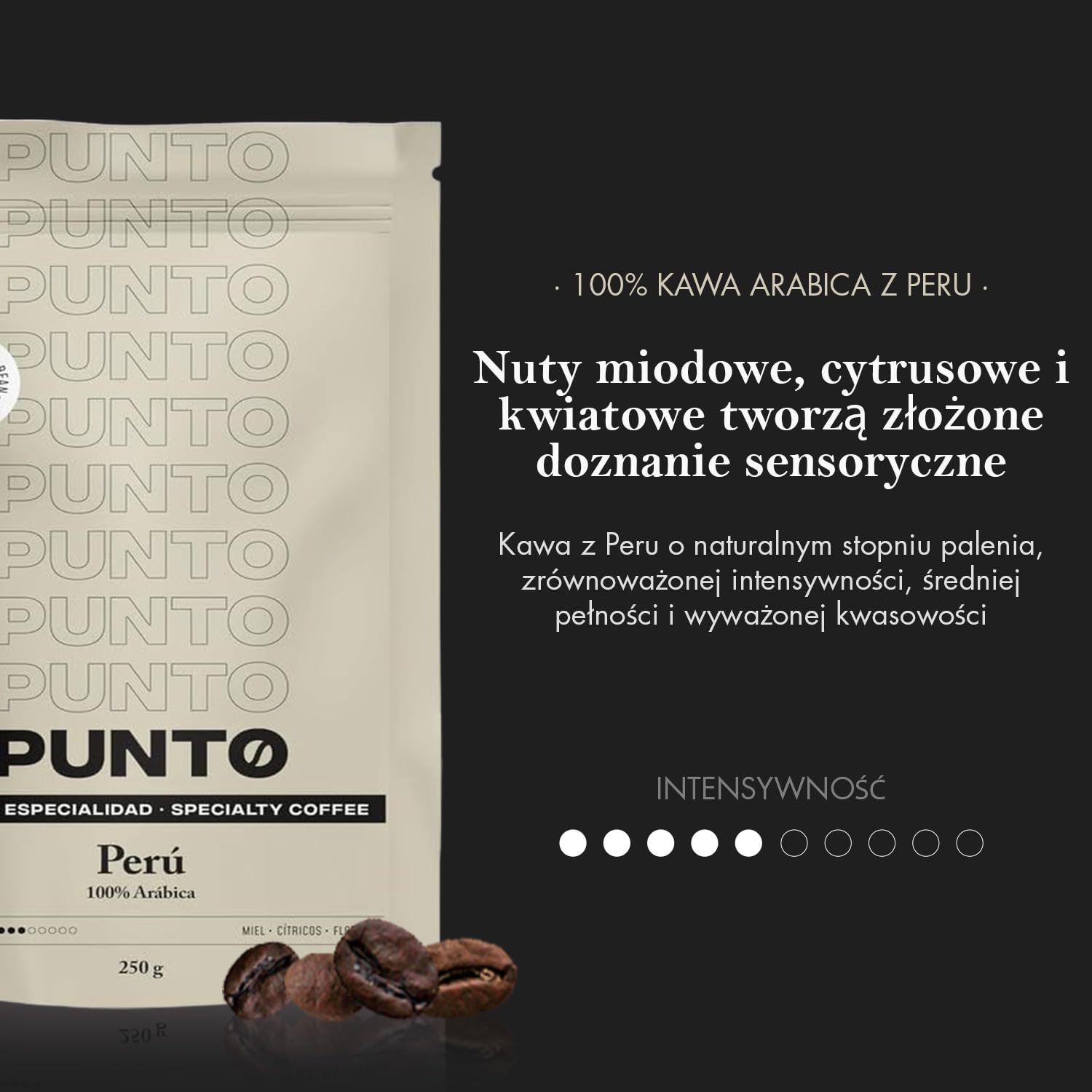 PUNTO - Specjalne opakowanie ziaren kawy 4 x 250 g - Punto BLEND + Peru + Ethiopia + Colombia - 100% kawa Arabica - średnio palona i treściwa - intensywność 5-7/10