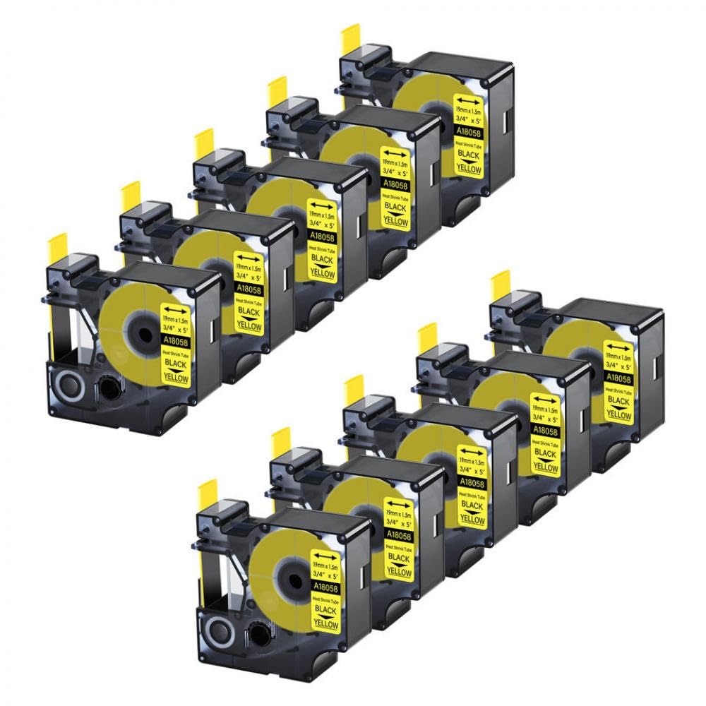 10er-Pack 3/4 Zoll schwarz auf gelbem Etikett Schrumpfschlauch 4,92 Fuß kompatibel mit 18058 Rhion 5200 3MPL300 Druckern