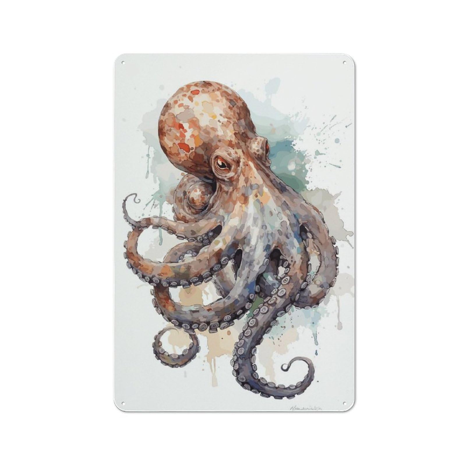 Watercolor Octopus Distressed Look Metal Wall Decor 30x20cm, Vintage Tin Sign for Living Room, Hallway, Kitchen Or Cafe
