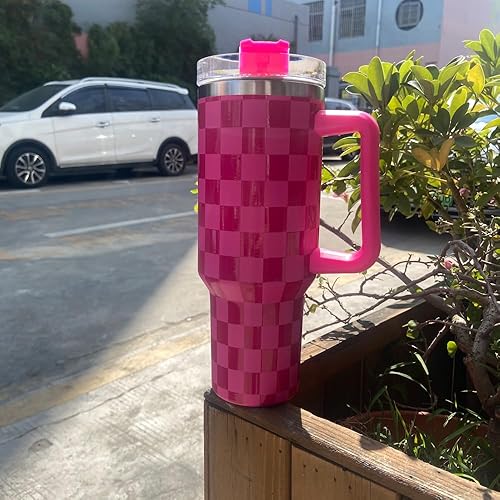 Miniatura 6 de MYHOBBY Vaso de carreras de 40 onzas con asa y pajita, botella de agua de acero inoxidable aislada al vacío con tapa, color rojo rosa