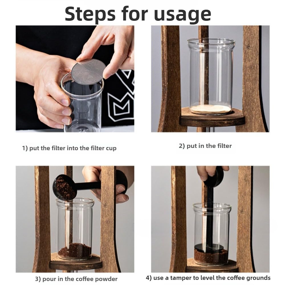 Ekspres do kawy Cold Brew z drewnianym stojakiem, szklany zestaw dzbanków do kawy, odporny na ciepło, gęsty filtr, 100 bibułek filtracyjnych, łyżka do serwowania