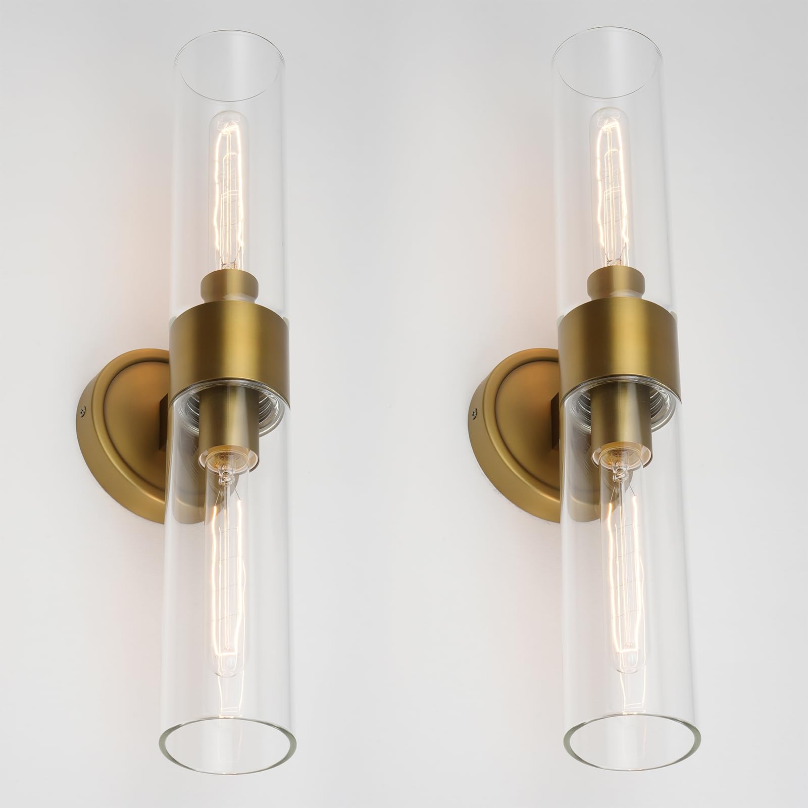 Modern Wall Sconces Set of Two, Brass Gold Bathroom Light Fixtures with Handblown Clear Glass Hardwired Wall Mounted Lamp for Bathroom Vanity Bedroom Livingroom Hallway