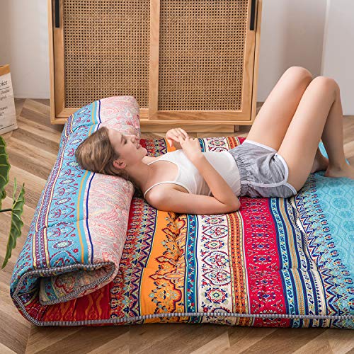 Image of MAXYOYO Bohemian Retro Floor Mattress Vintage Floral Japanese Futon Mattress Roll Up Tatami Floor Mat Portable Camping Mattress Sleeping Pad Floor Lounger Couch Twin Size