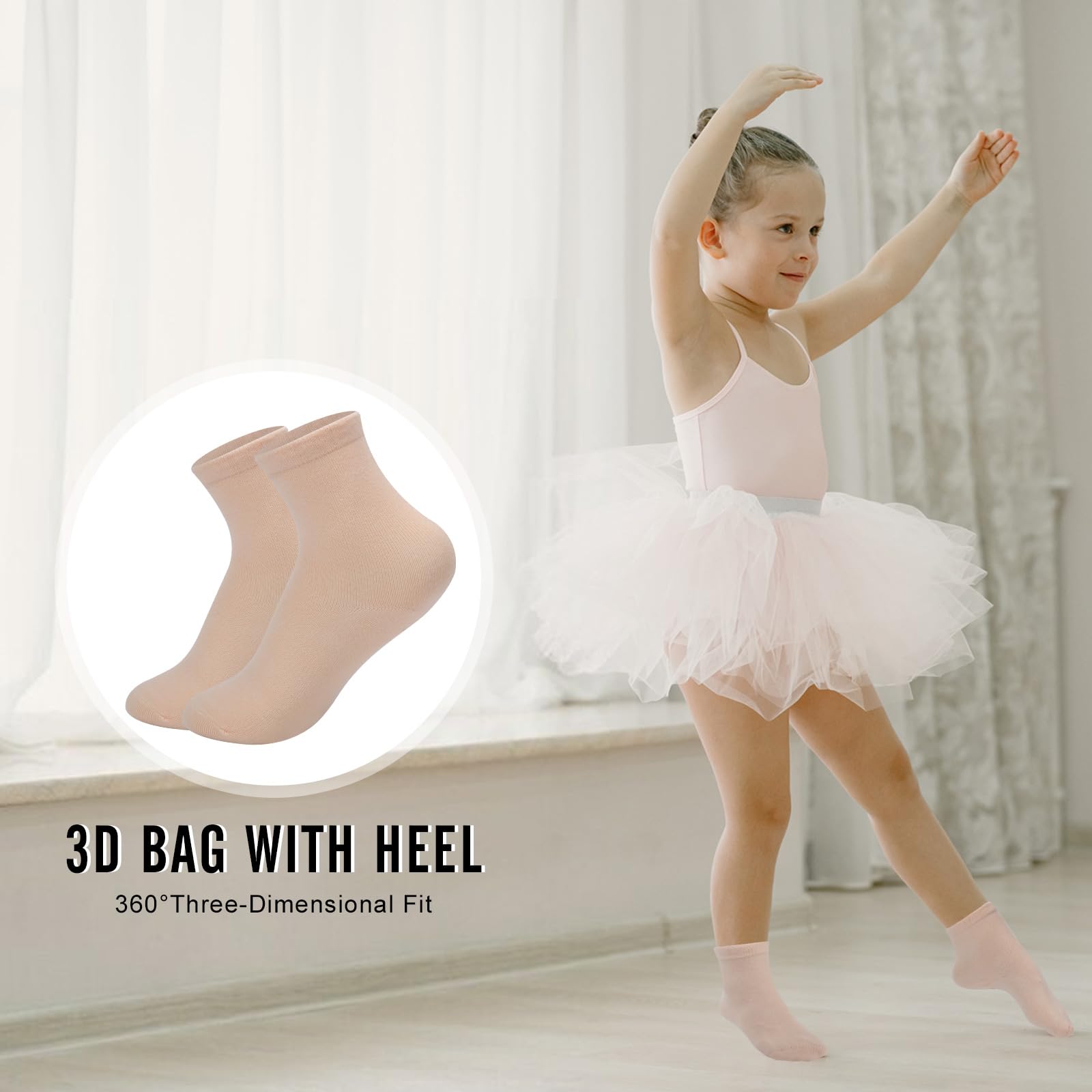 Lot de 4 paires de chaussettes de ballet pour filles, en coton oxygéné respirant, rose nude, orteils sans couture, chaussettes de danse extensibles pour tout-petits/enfants