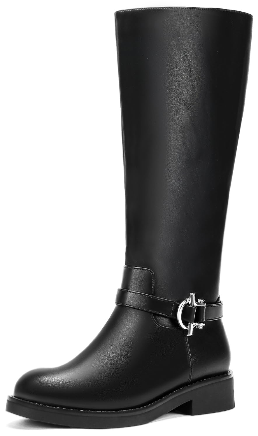 Wide Calf Knee High Boots for Women with Side Zipper PU Leather Platform Boot with Round Toe Fashion