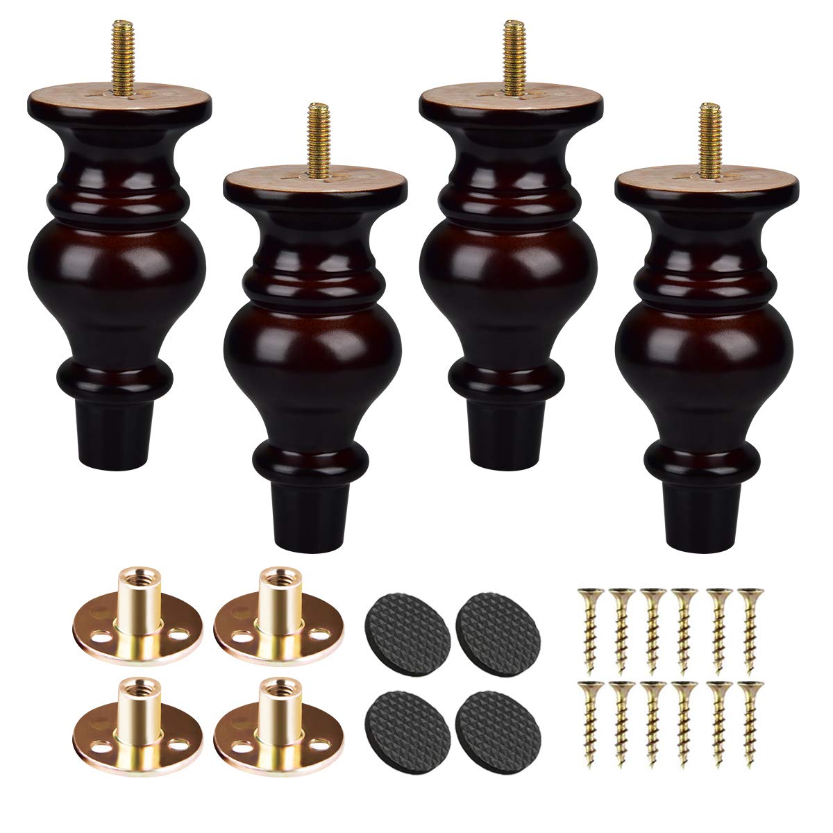 6 inch Solid Wood Furniture Legs, Btowin 4Pcs Turned Wooden Bun Feet