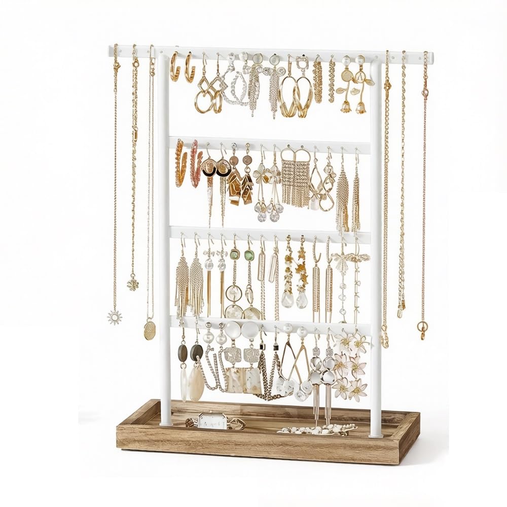CJHFR472SG Jewelry Organizer Stands 4 - Tier Jewelry Organizer with Wooden Base Earring Necklace Display Stand Jewelry Display Stand(White)