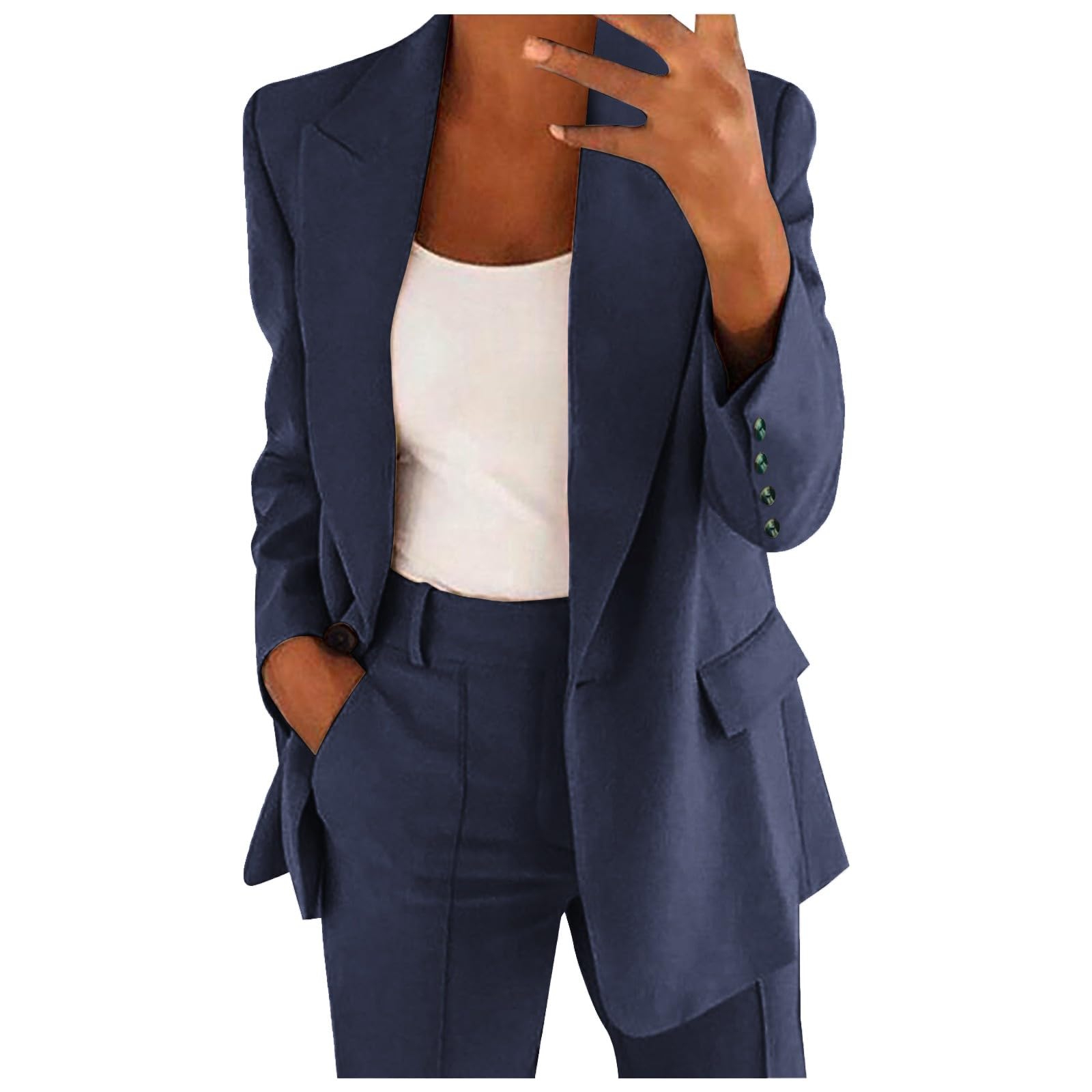 Generisch 2026 Frauen Zwei Stück Set Büro Business Langarm Taste Formale Jacke Hose Dünne Lose Hosen Jacke (4-Blue, L)