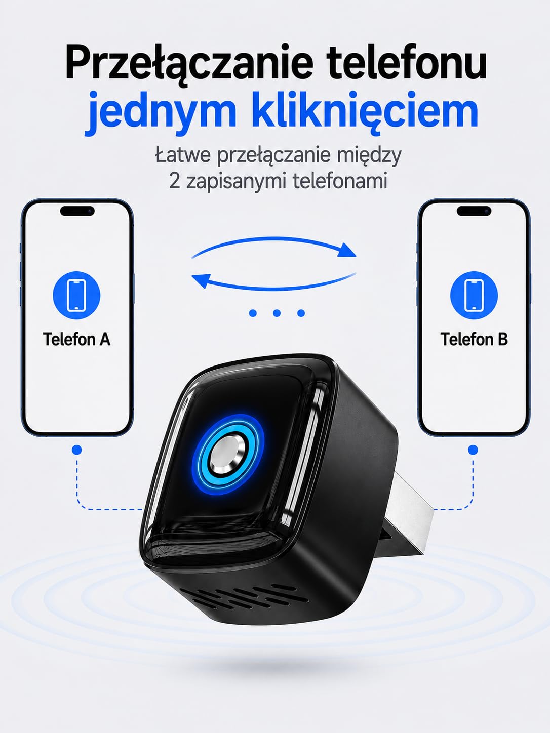 Bezprzewodowy Adapter CarPlay i Android Auto 2 w 1, pamięć dwóch telefonów, szybkie przełączanie, Plug & Play USB-A/USB-C, 5.8GHz WiFi, OTA, Czarny
