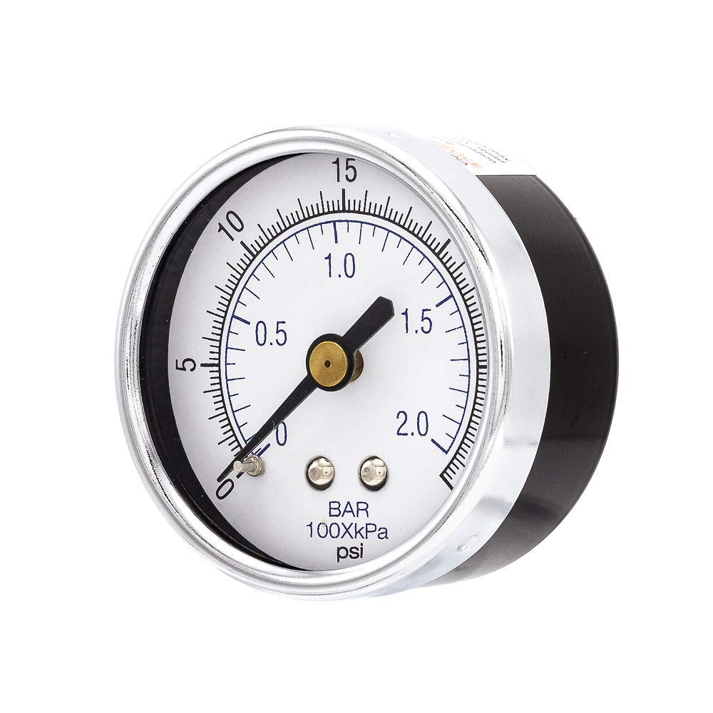 PIC Gauge 102D-204C 2" Dial, 0/30 psi Range, 1/4" Male NPT Connection Size, Center Back Mount Dry Pressure Gauge with a Black Steel Case, Brass Internals, Chrome Bezel, and Plastic Lens