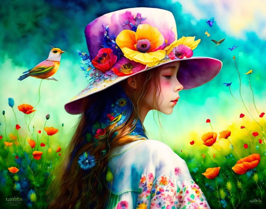 Magnifique aquarelle patchwork de jeune fille pour une ambiance poétique