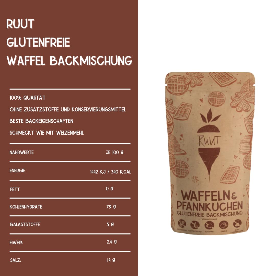 Ruut Glutenfreie Backmischung - Waffeln & Pfannkuchen | Ohne Zusatzstoffe, Paleo, glutenfrei, getreidefrei, laktosefrei | Für Waffeln, Pancakes, Pfannkuchen & Crêpes (910g)