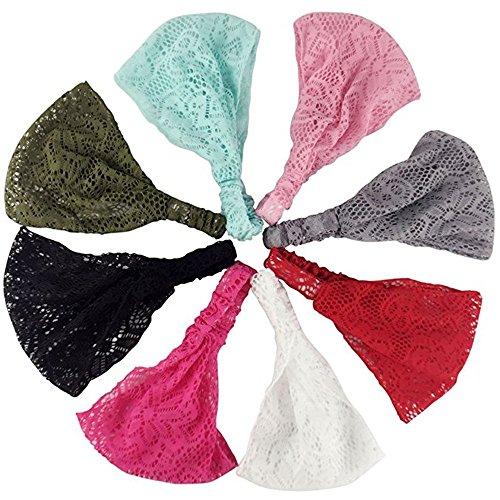 Yeshan Fashion Stretchy Wide Lace Headband Turban Headwrap,Hairband for Women and Girls,pack of 8