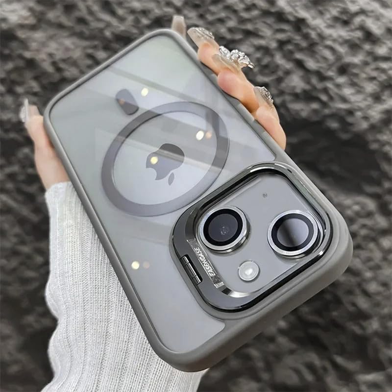 Image of LuxuryKase Clear Case Compatible with MagSafe for iPhone 15 Plus | Shockproof Transparent Cover with Camera Lens Protection | Metal Ring Stand & Wireless Charging Support - Grey