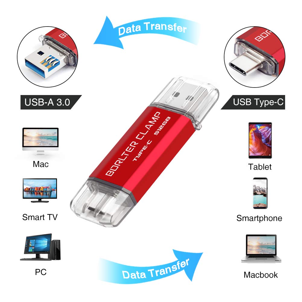 512GB Chiavetta USB 3.0 Tipo C, BorlterClamp 2 in 1 Pen Drive (USB C e USB 3.0) OTG Memoria Flash, USB Flash Drive per Tipo C Android Smartphone/Tablet/Computer (Rosso)