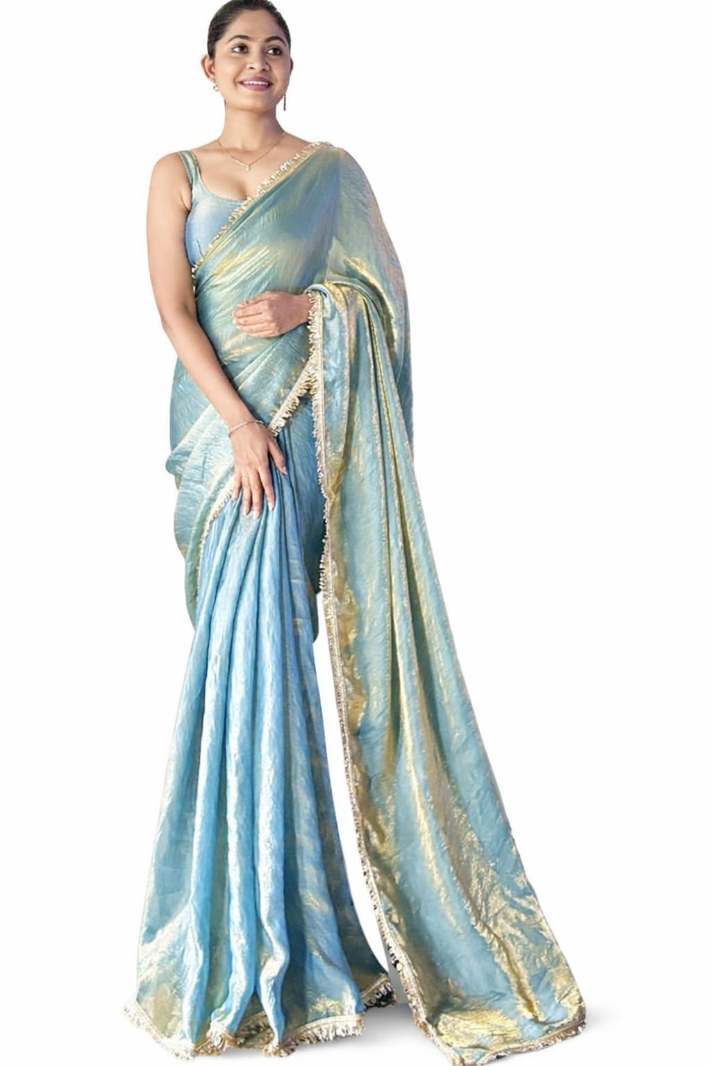 Women`s Soft Sequinned Tissue Silk Saree With Designer Lace Border | Light Weight Party Saree With Unstitched Blouse Piece-image-16