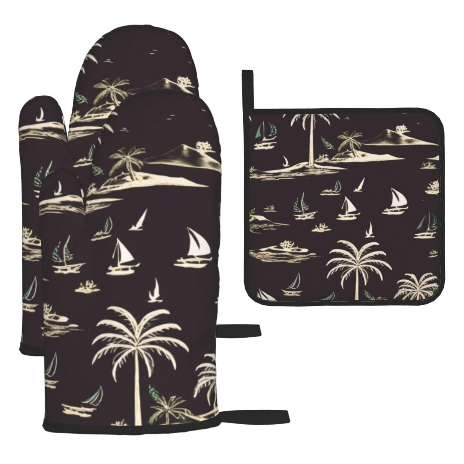 3d Palm Tree 3pcs Oven Mitts And Pot Holders Sets,Waterproof Heat-Resistance Microwave Cooking Oven Gloves,Chef Potholders Mittens,Kitchen Cooking Bbq Gloves And Hot Pads