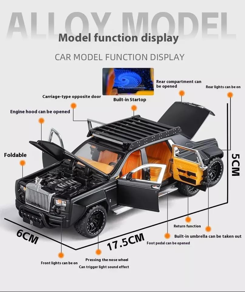 Image of 1:32 Rolls-Royce Phantom 6x6 Alloy Pickup Diecast Model Car Sound & Light Diecast Model Car Vehicle for Kids Best Gift Toy (1:32 Rolls-Royce Phantom 6x6 - Black)