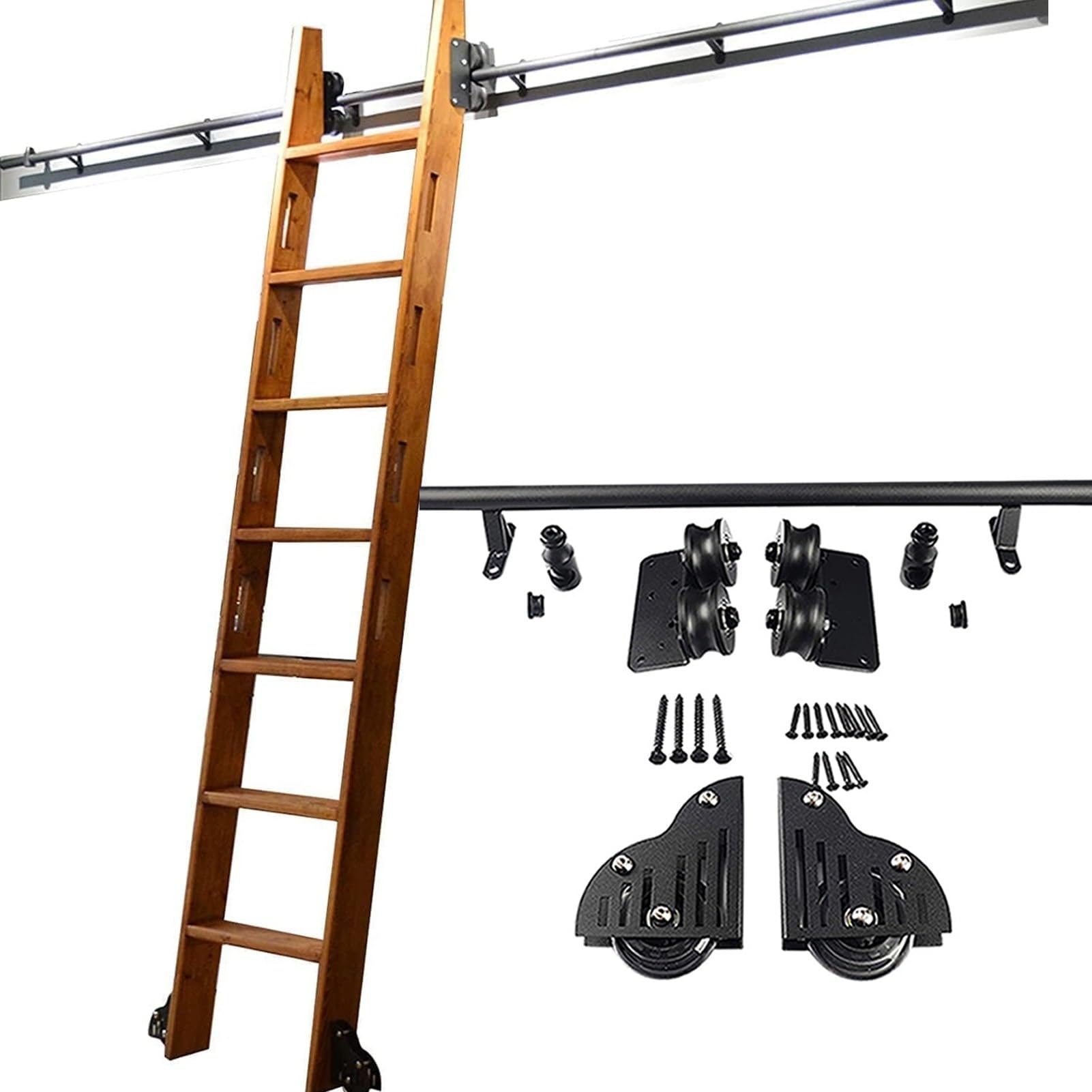 LWJSOCP Sliding Library Ladder with Floor Roller Movable Rolling Ladder Hardware Kit, Mobile Ladder Track Rail for Loft Office 3.3-24ft Slide Roller System (No Ladder)(4ft/122cm Track Kit)