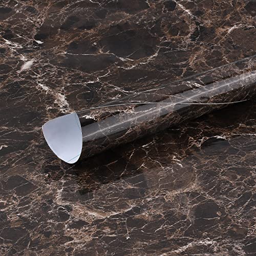 Image of Self Adhesive Gloss Vinyl Wrap Film, High Gloss Marble Furniture Film Wallpaper (24 * 96 inch, Brown Marble)
