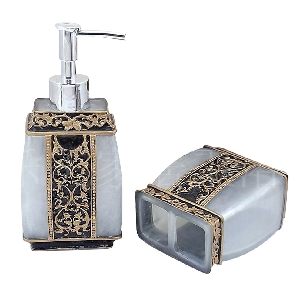 LUANT Creative Bath Ensemble, 5 Piece Bathroom Accessories Set, Collection Bath Set Features Soap Dispenser, Toothbrush Holder, Tumbler, & Soap Dish- Silver: Grey