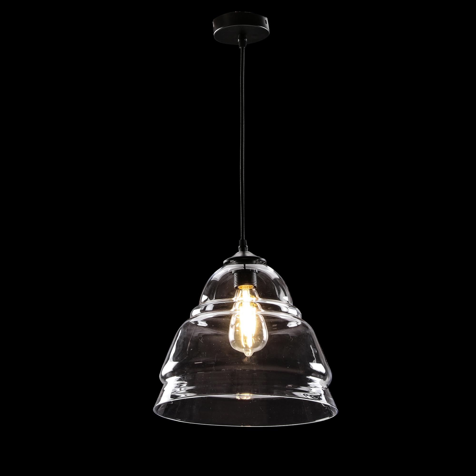 LUSSIOL - Luminaire Belly, lustre cloche- rétro - lampe suspendue en verre transparent - câble plastique noir, douille E27 - possibilité ampoule LED - 40W maxi, Diam. 30 x H. 24 cm