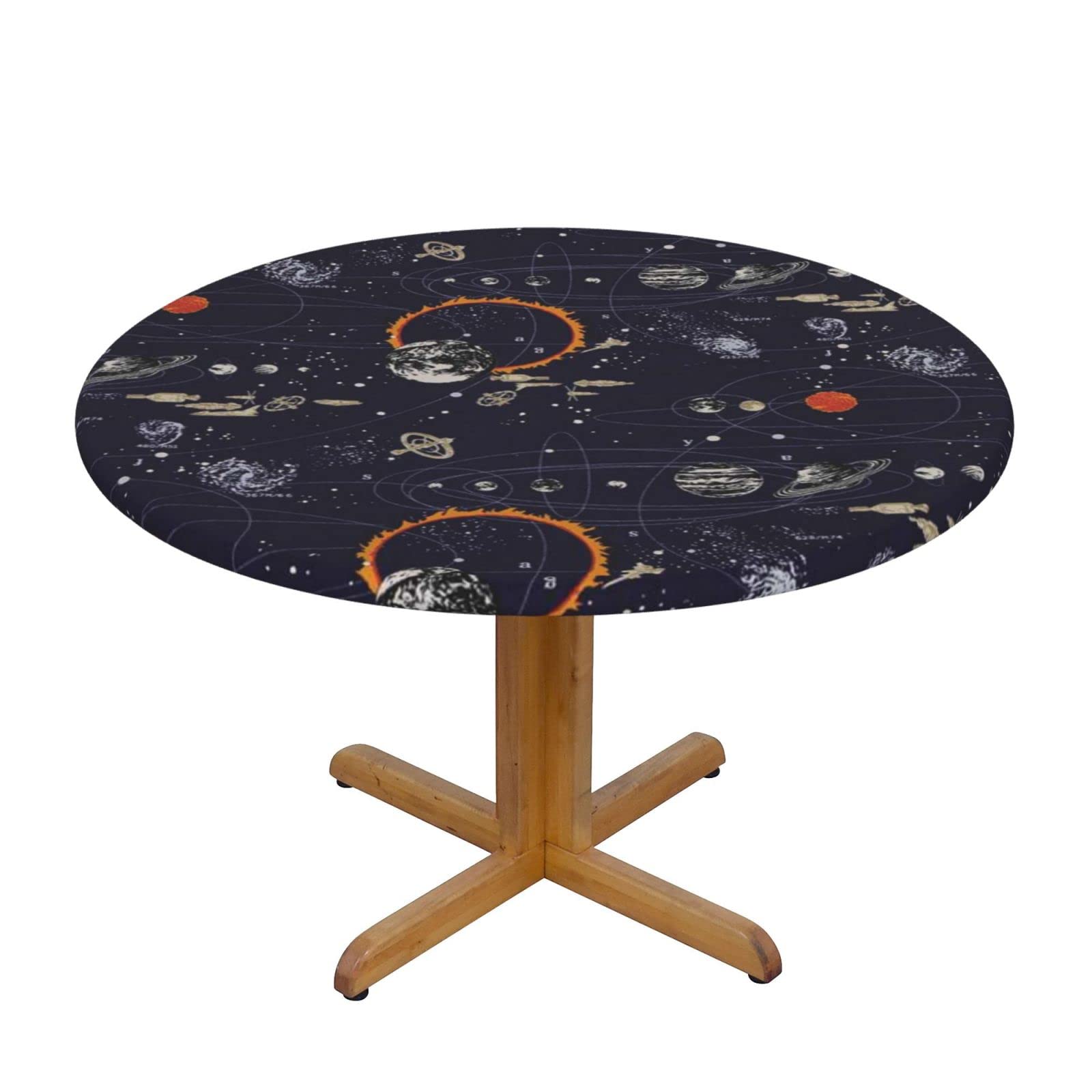 Lsjuee Round Fitted Tablecloth 40-44in Elastic Edged Table Cloth for Kitchen Dining Party Home Decor - Space Satellites Geometry Galaxy