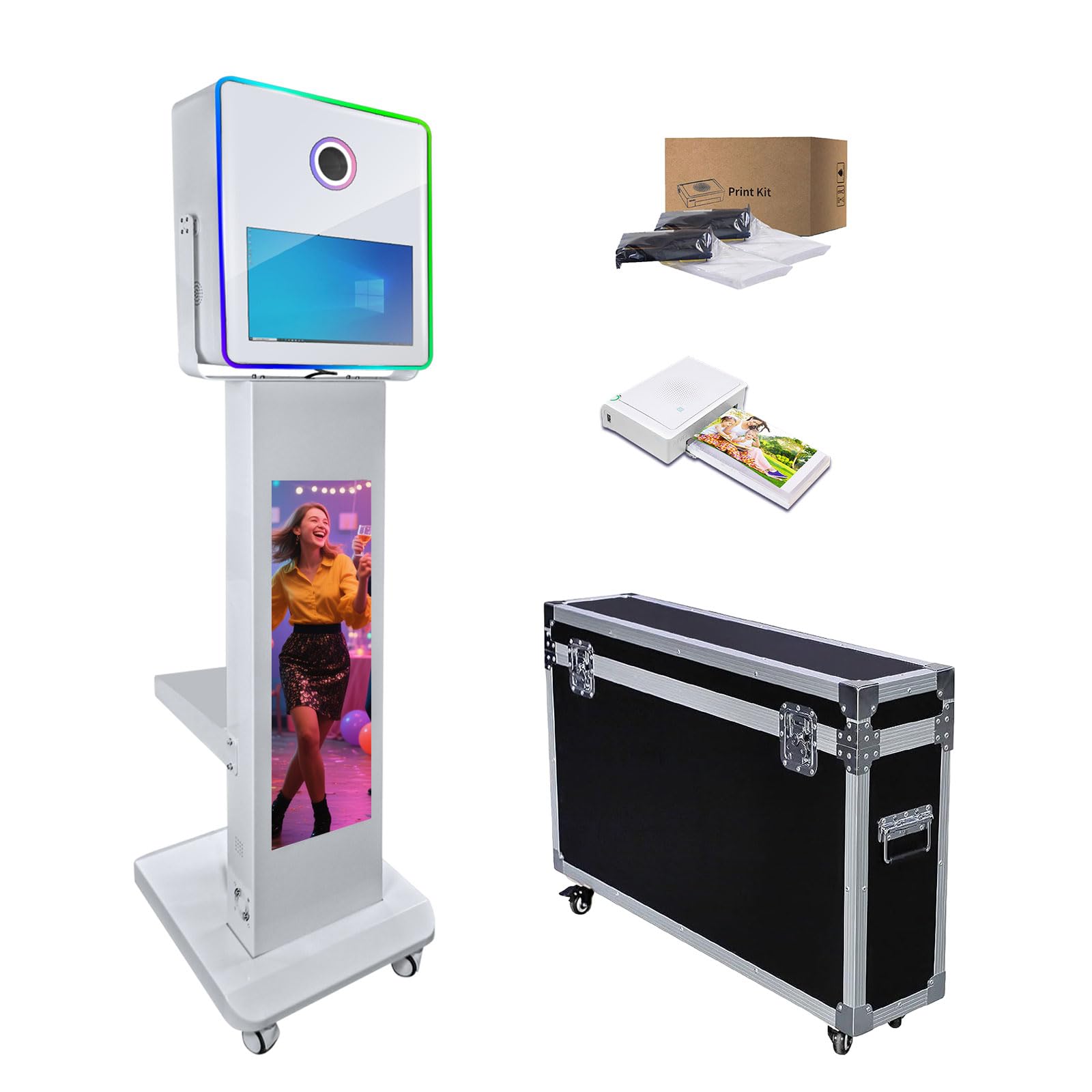 Cabina fotografica portatile con schermo touch screen LCD da 15,6 e 29 pollici, per selfie, per eventi, feste di nozze, noleggio, Natale, custodia per volo (macchina + mini stampante)