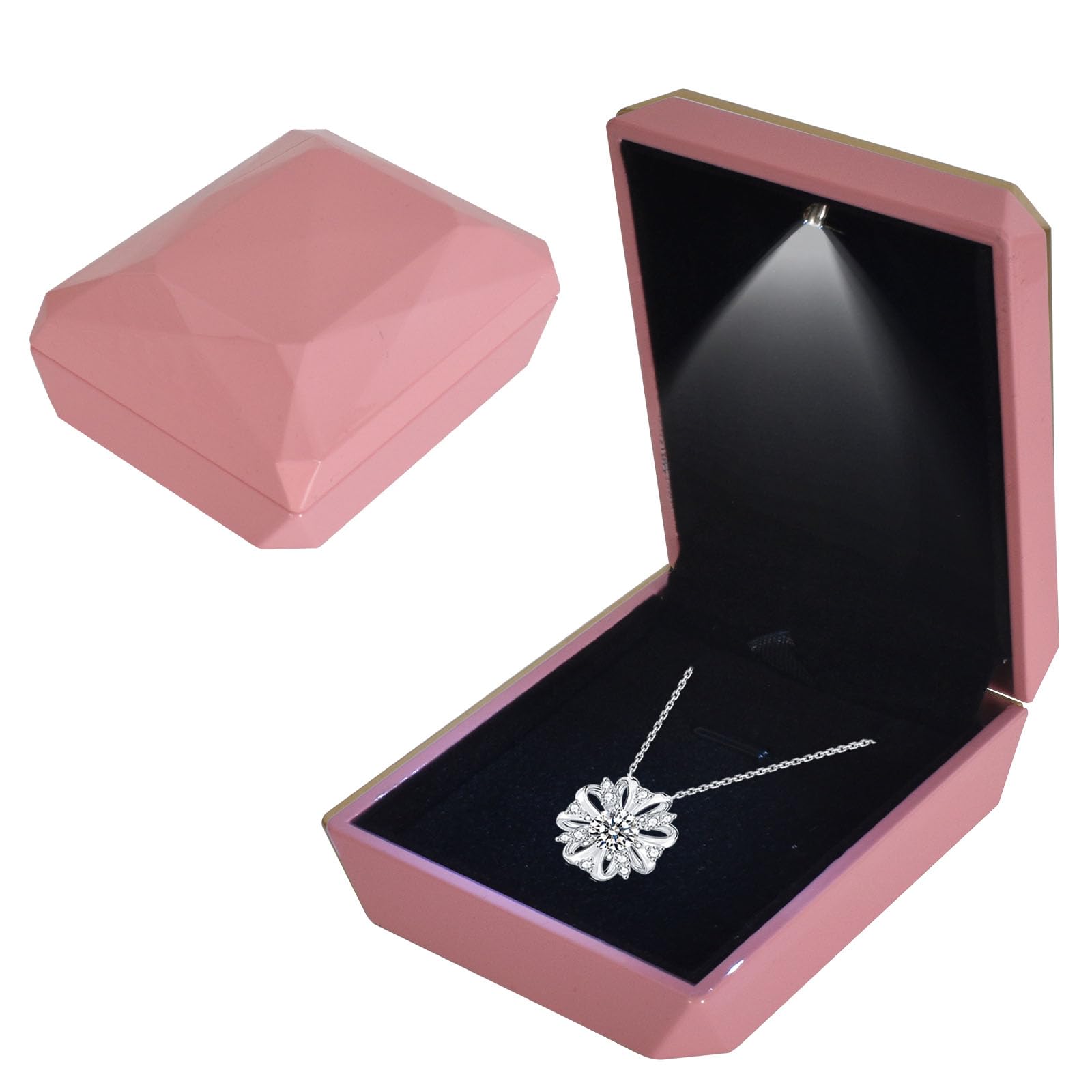 Jewelry Box, LED Lighted Pendant Box, Necklace Bracelet Rings Pendant Storage Gift Case, Light Up Pendant Case, for Wedding Proposal, Engagement Valentine's Day Favors Charms, 7*9*3.3cm, Pink