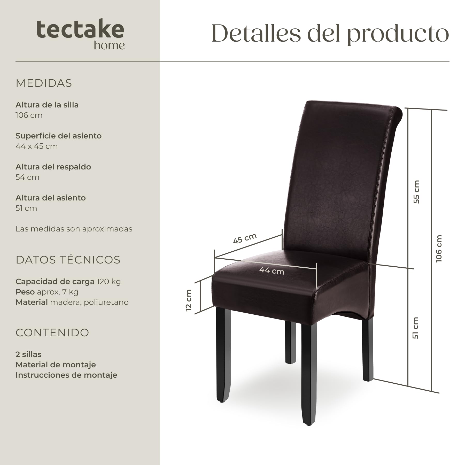 tectake® Set de Sillas de Comedor, Piel Sintética, Forma Ergonómica, Patas de Madera, Lacadas, Fácil de Limpiar, 106cm, Sillas Dormitorio, Sillas de Comedor, Sillas Salon - 2 Sillas Marrón
