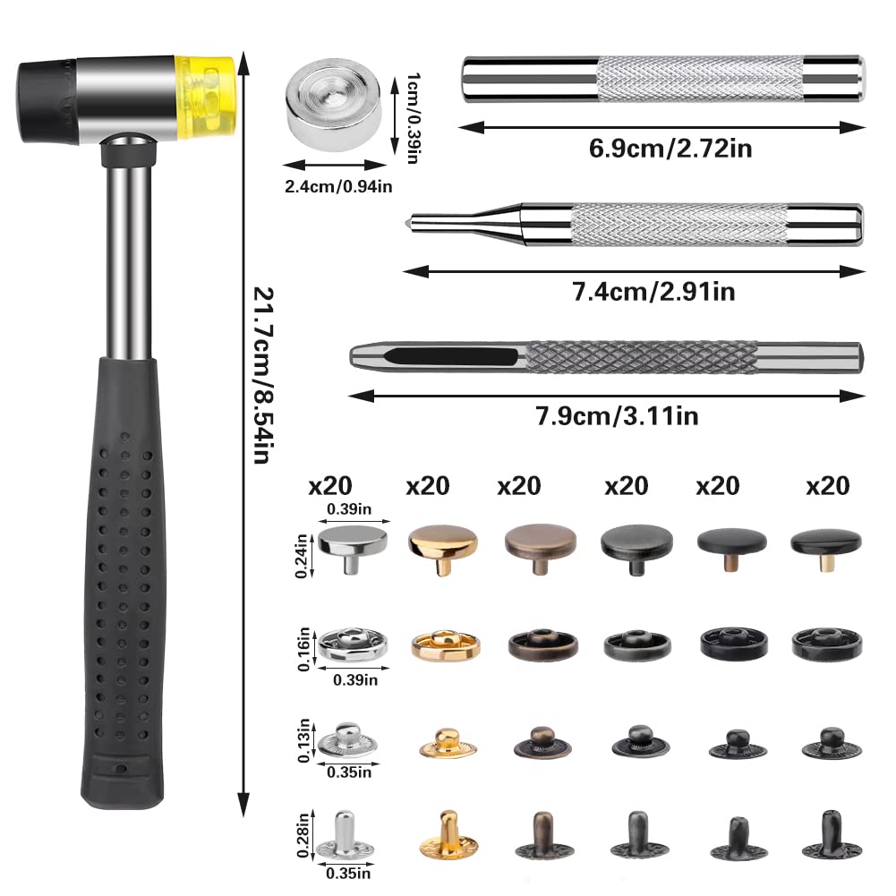 TLKKUE Juego de 120 cierres a presión de cuero, botones a presión con martillo de goma, botones de presión de metal de 10 mm con 4 herramientas de ajuste, broches de cuero de 6 colores para ropa,
