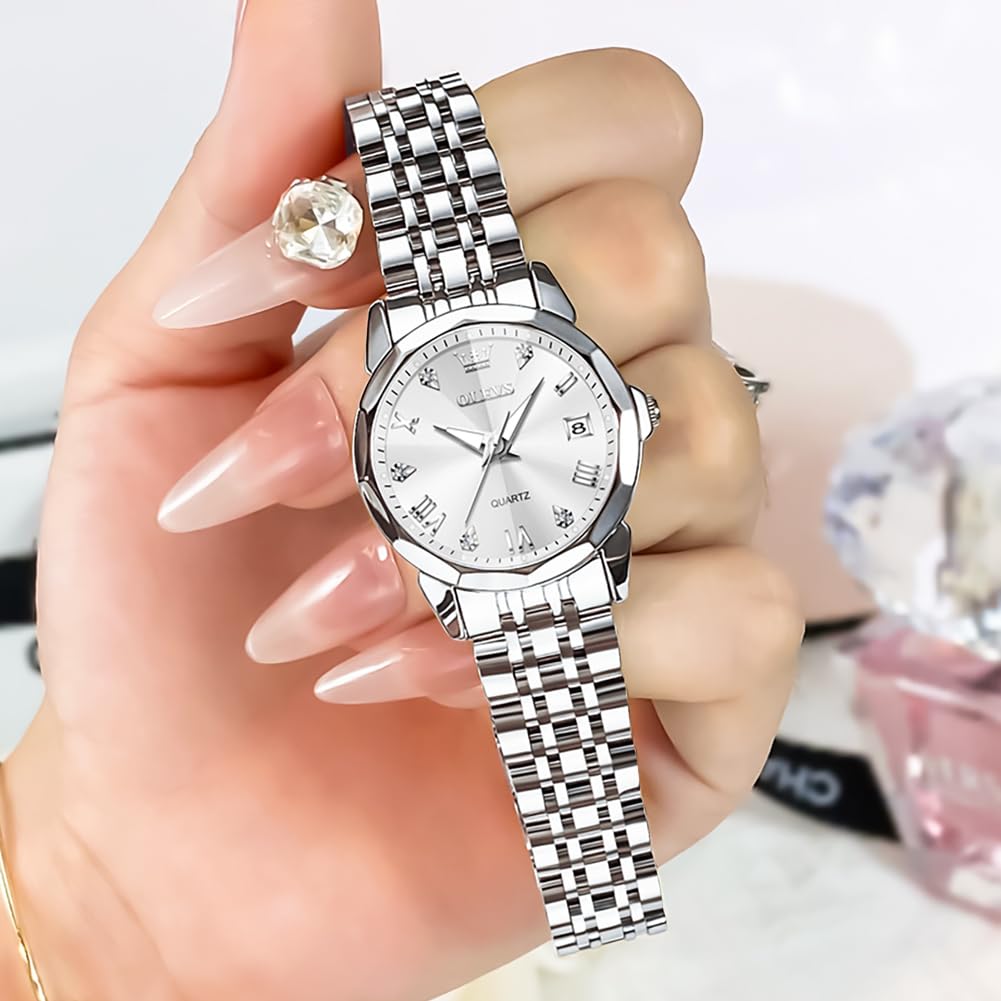 OLEVS Montre Femme Analogique Quartz Acier Inoxydable Étanche Lumineuse Diamant Chic Élégante Cadeau