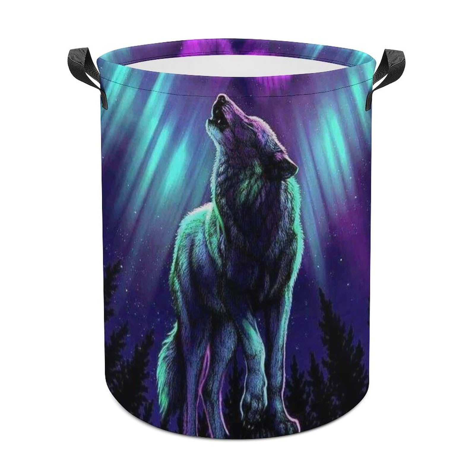 Wlntrophic Laundry Hamper, Wolves Howl in The Northern Lights Laundry Basket, Washing Basket with Handle