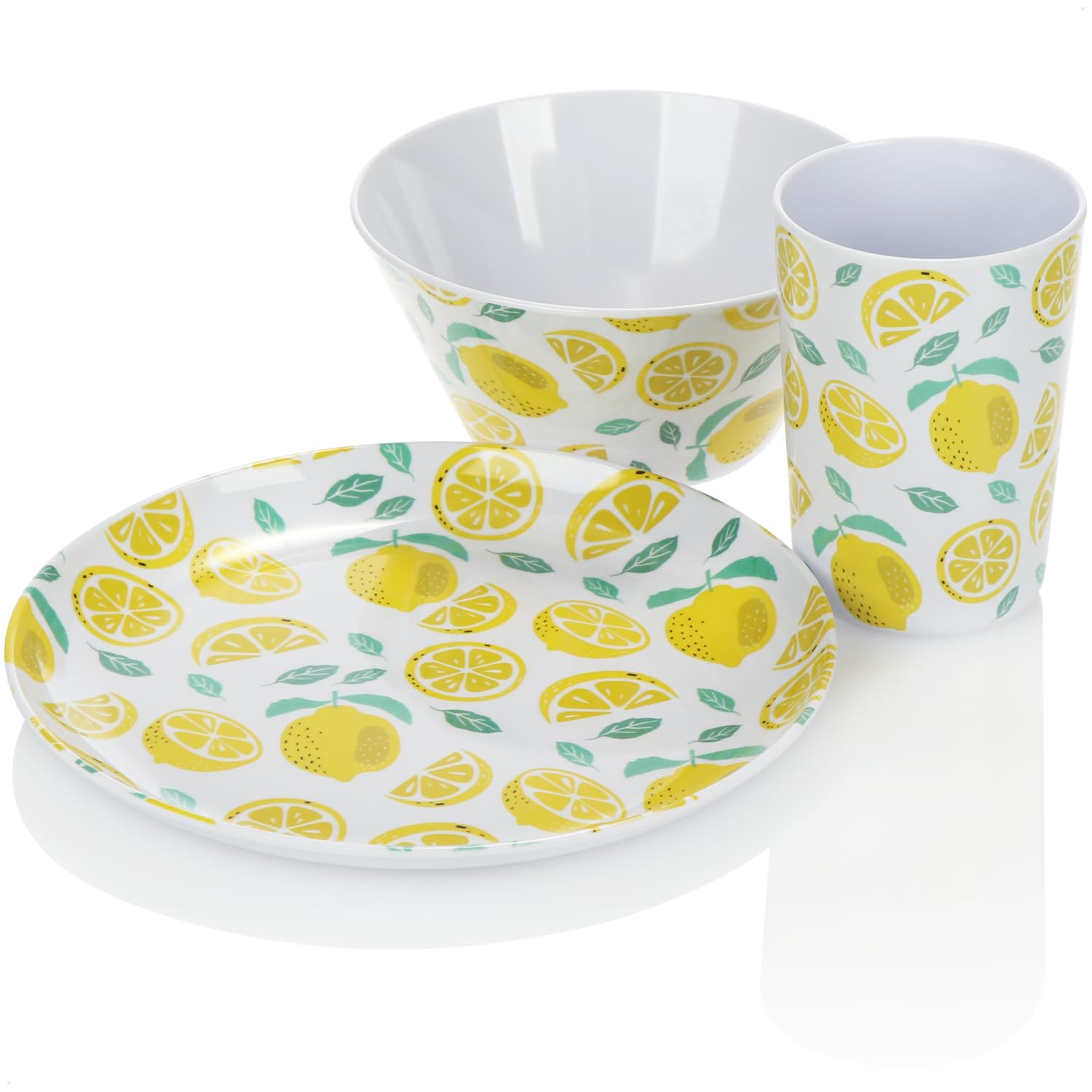com-four® vajilla 24 Piezas, melamina Reutilizable, Platos, Cuencos, Vasos, diseño Veraniego (Juego de 24 Piezas - Limones)