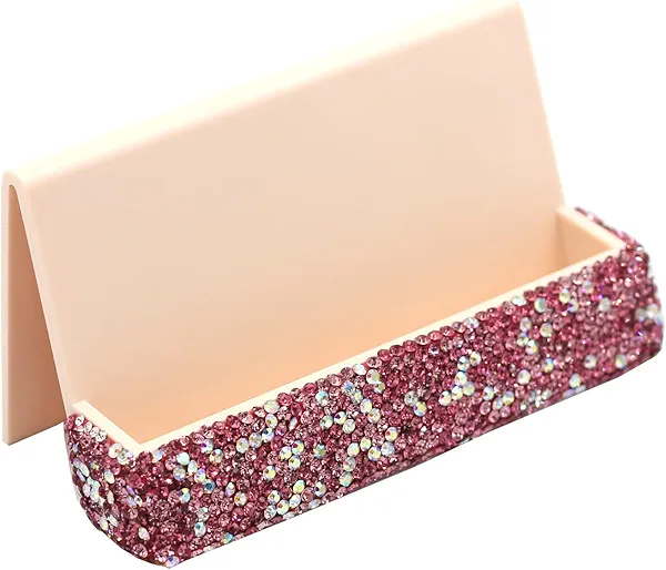 Bestbling Bling Rhinestone Crystal Business Card Holder for Desk Business Card Display Stand Desktop Business Card Holders (Pink)