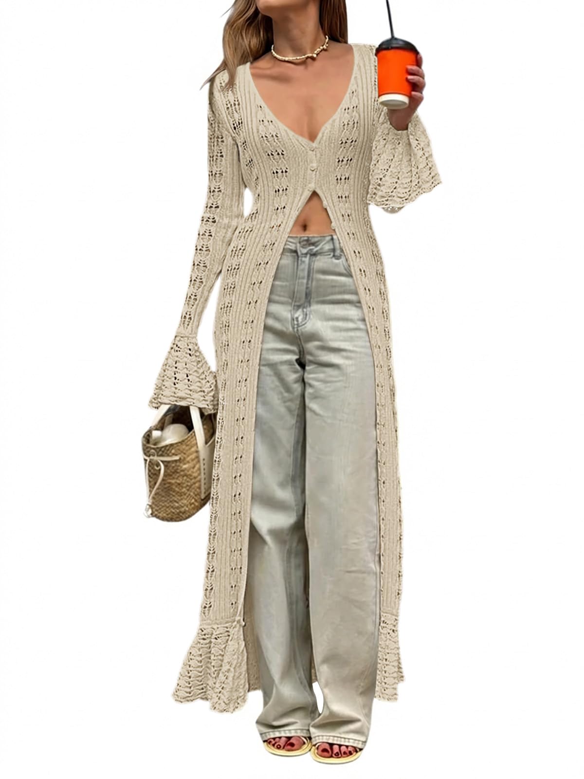 Saodimallsu Womens Crochet Long Cardigans Boho Summer Maxi Lace Duster