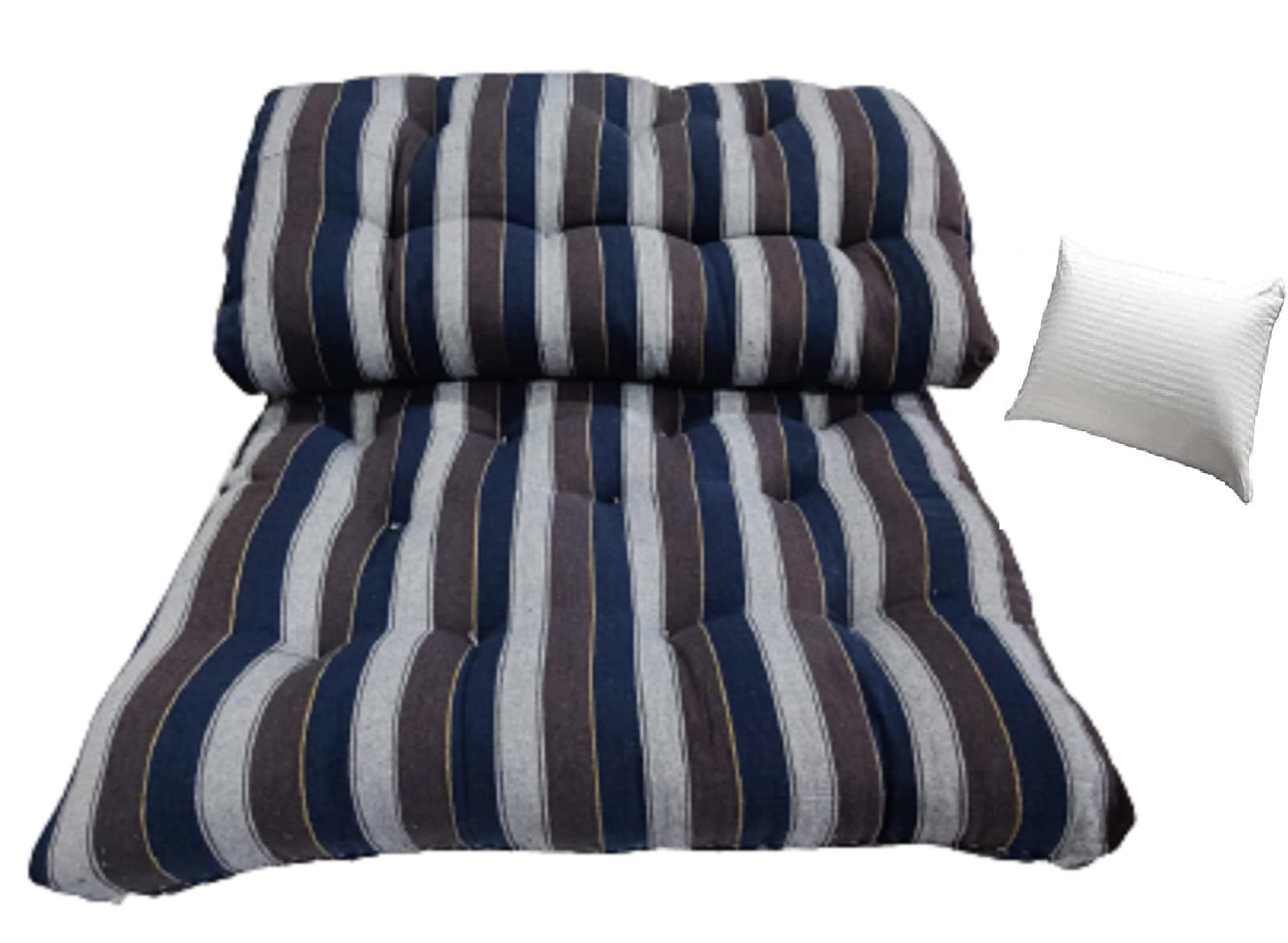 Adim's Soft Cotton Filled Reversible Mattress Gadda with 1 Fiber Pillow | Pure Cotton Fabric Firm Floor & Bed Mattress (72 × 36 × 4 Inches, Blue Lining, 1 Pillow)