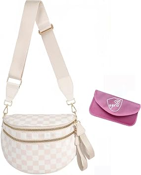 HPvyboshut Crossbody Bags for Women Spacious/with RFID Blocking Wallet/Nylon Checkered Bum Bag/2-in-1 Protect Crossbody Purse Beige Checkered