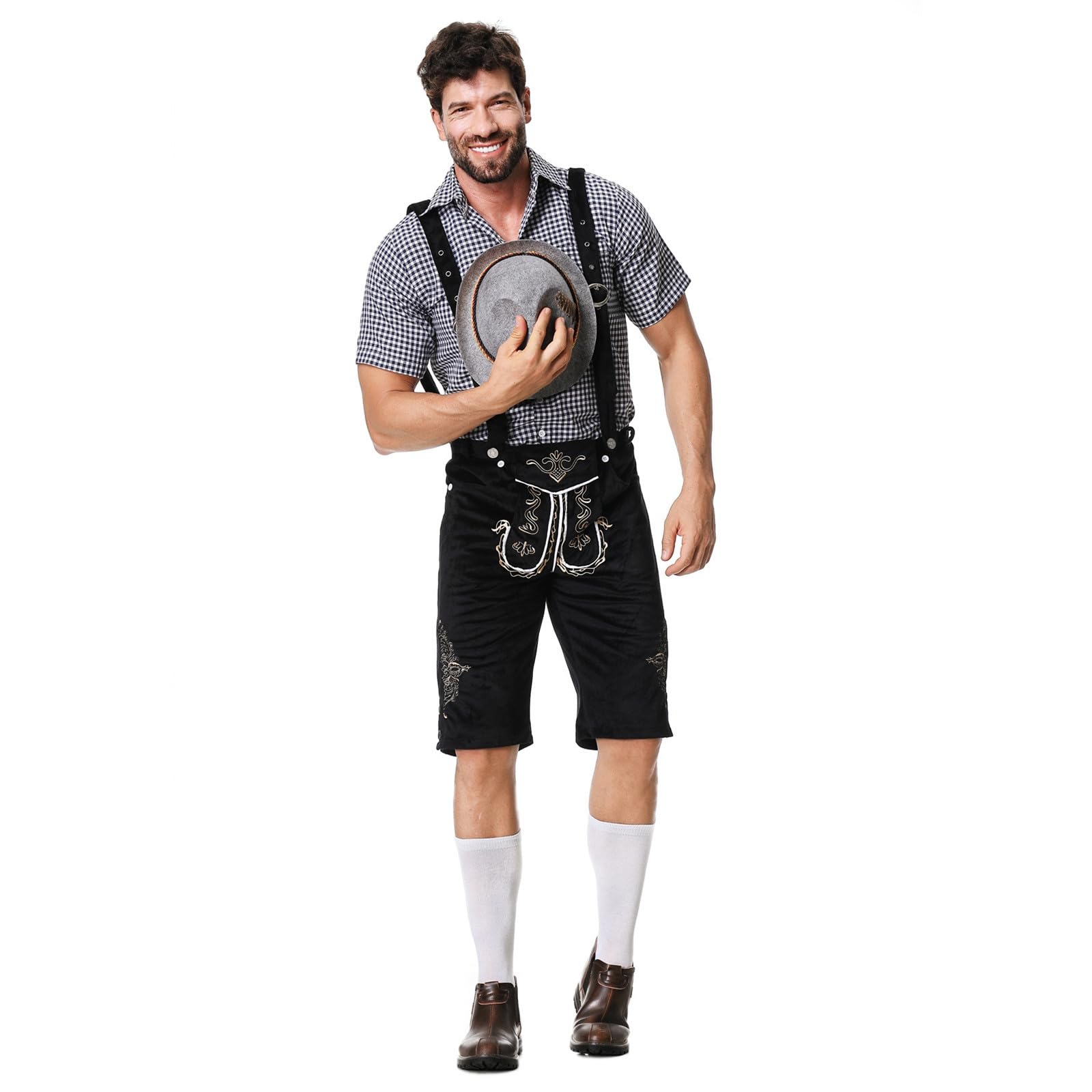 Oktoberfest Herren Trachten Set Lederhose mit Trägern Kariertes Hemd Herren Kostüm BayernOutfit für Karneval Volksfest Bierfest Wiesn Party Mittelalter Kleidung