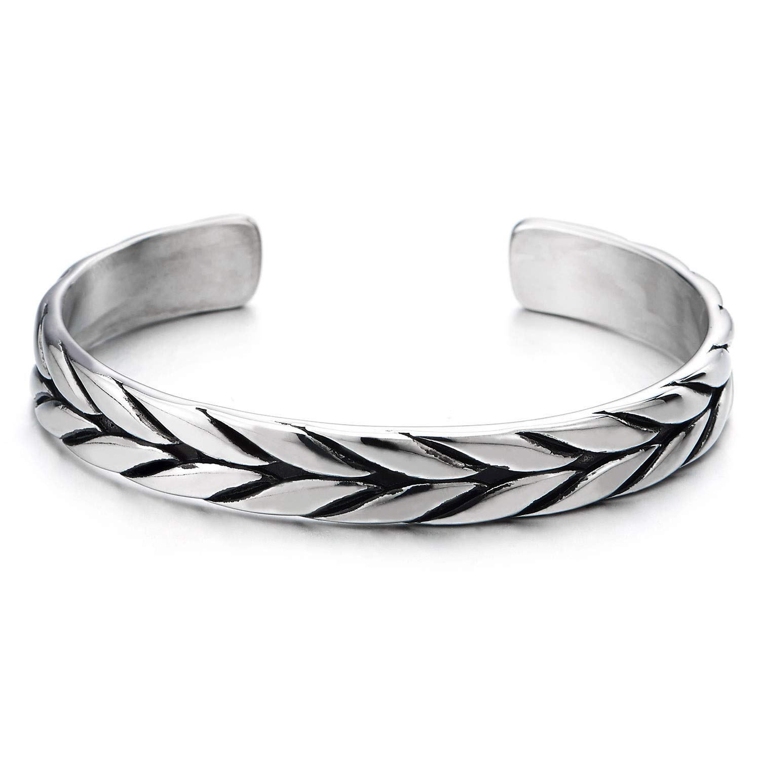 COOLSTEELANDBEYOND Exquisitos Trenzado Patrón Pulsera de Hombre Mujer, Brazalete de Acero Inoxidable, Color Plata Pulido, Ajustable