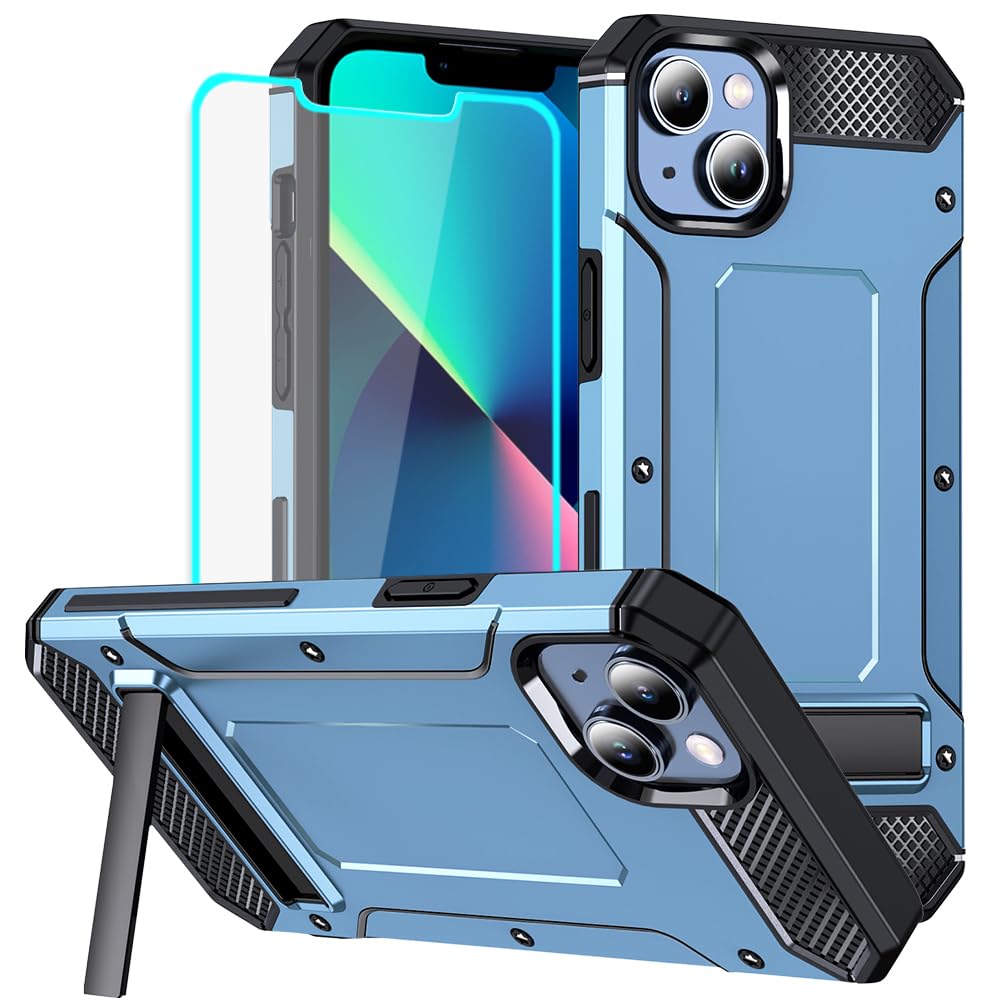 HNHYGETE for iPhone 13 Case with Screen Protector, Rugged Heavy Duty Drop Protection Defender Back Cover for iPhone 14 (Blue)