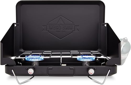 Hike Crew Estufa de camping de gas | Quemador de propano doble portátil | Asa de transporte incorporada, patas plegables y paneles de viento |