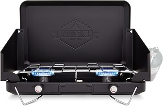 Gas Camping Stove | Portable Double Propane Burner | Built-in Carrying Handle, Foldable Legs & Wind Panels | Includes Regulator Tube