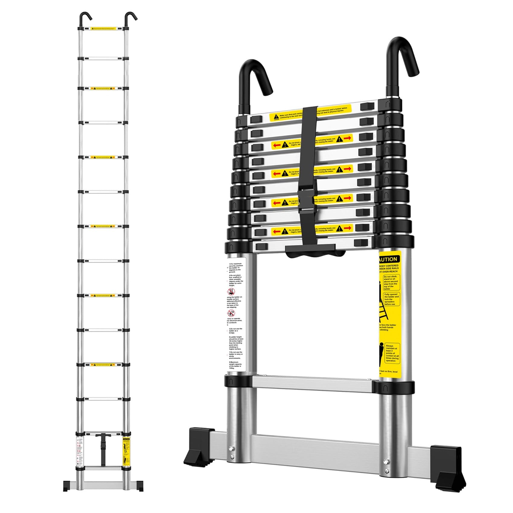 Drabina Teleskopowa 4,1M Aluminiowa Drabina Wielofunkcyjna | Rozsuwana z Hakami i Drążkiem Stabilizującym, 9-15 Szczebli, EN131, 150kg, Do Majsterkowania i prac Ogrodowych