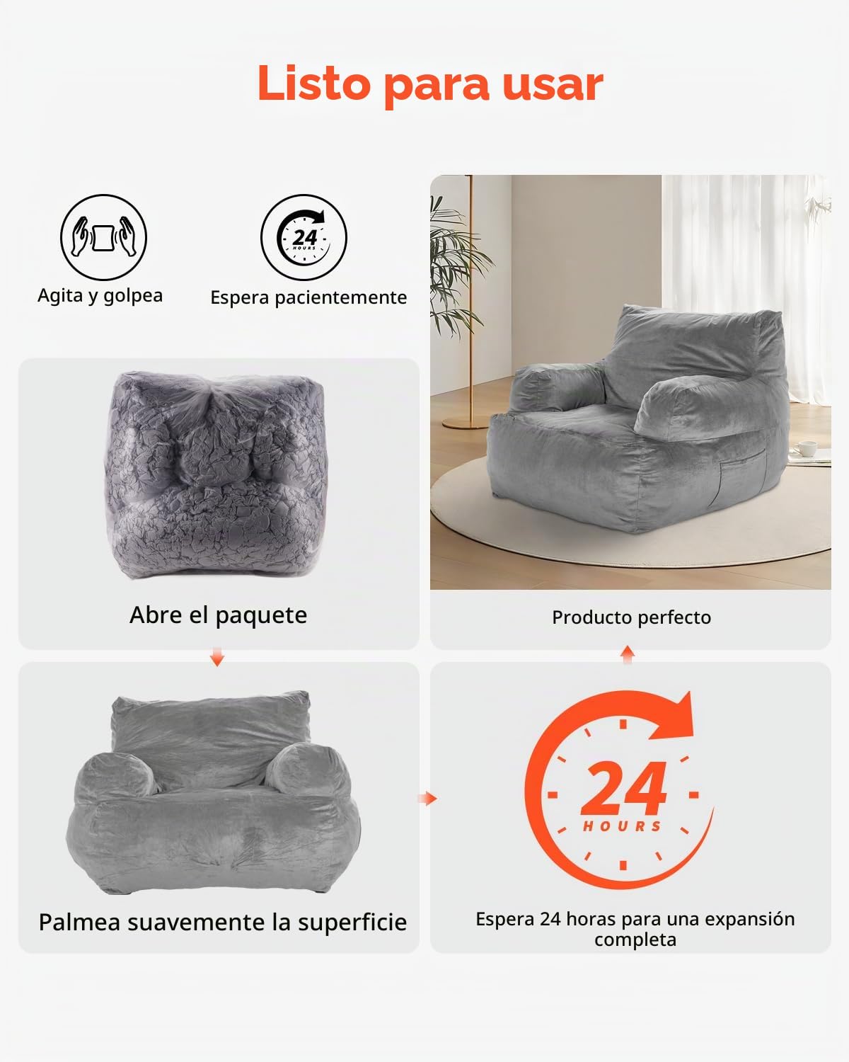 VEVOR Sillón Puff 1118 x 1143 x 780 mm con Reposabrazos para Adultos, Relleno de Felpa Esponjosa y Espuma de Alta Densidad, Sillón Puff para Adultos con Zapper para Sala de Estar, Dormitorio, Gris