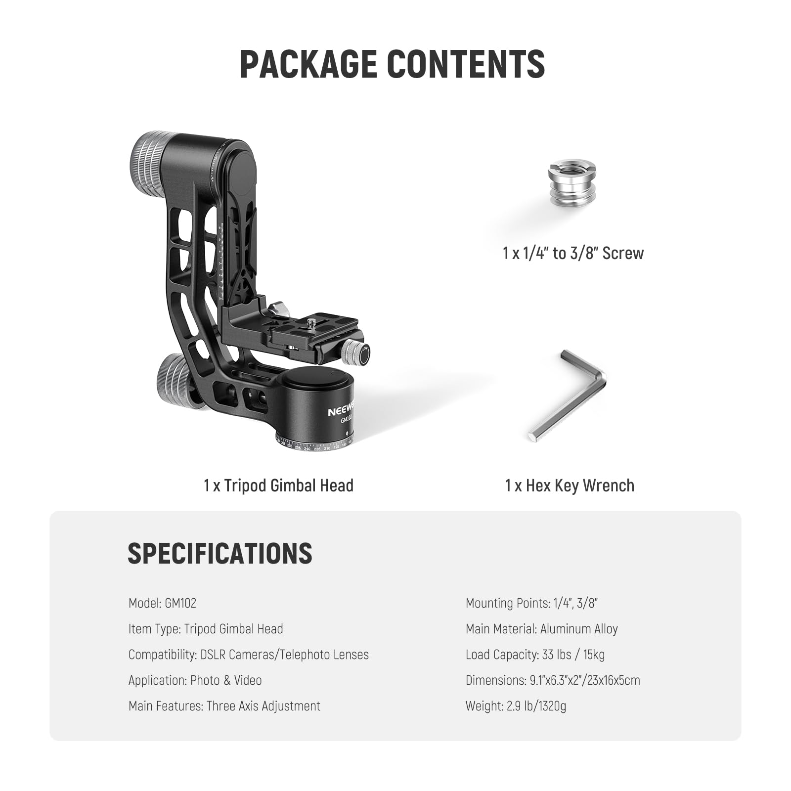 NEEWER GM102 Tête Gimbal pour Trépied Monopode Téléobjectif,Tête de Trépied Panoramique 360°,3 Axes de Réglage,Alliage d'Aluminium CNC Robuste,Système Arca Type Dégagement Rapide,Charge Max 33lb/15kg